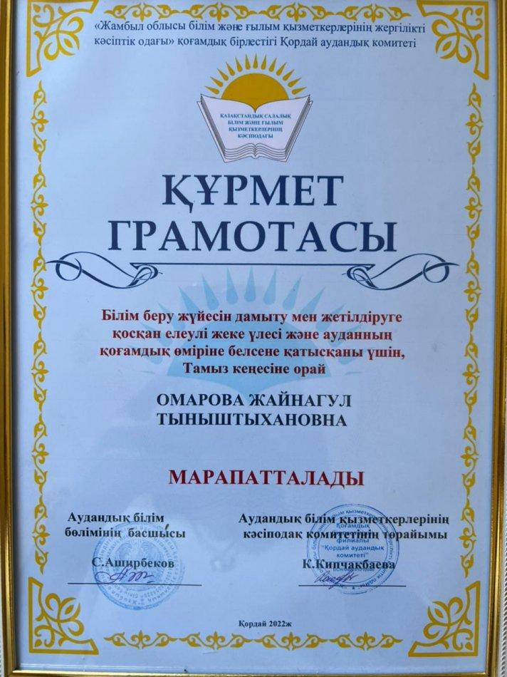 Тарих пәнінің мұғалімі Омарова Жайнагул Тыныштыхановна